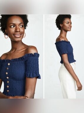 Suboo Anthropologie Revolve Blue Cropped Ruffle Blouse Women’s Size M